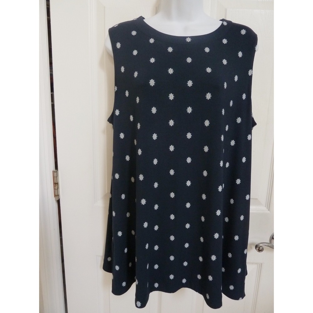 J. Jill Wearever Sleeveless Tunic Top XL Navy Blue White Daisy Floral Pullover